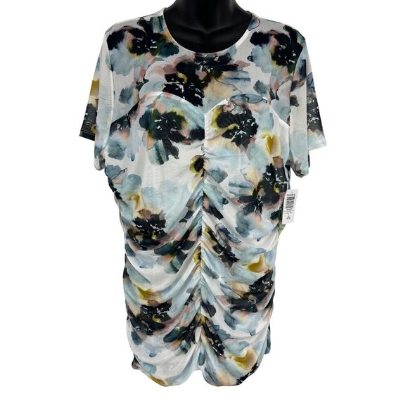 Torrid Top Blouse Plus 2X Blue Black Floral Short Sleeve Round Neck Women New - Picture 1 of 9